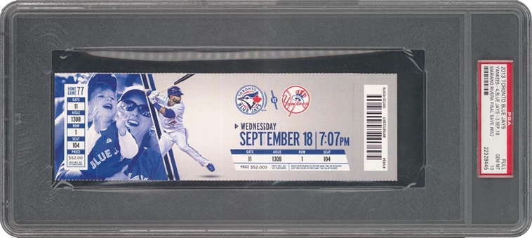 2013 Mariano Rivera Final Save #652 Full Ticket Sept 18 Yankees vs Blue Jays (PSA GEM MINT 10)